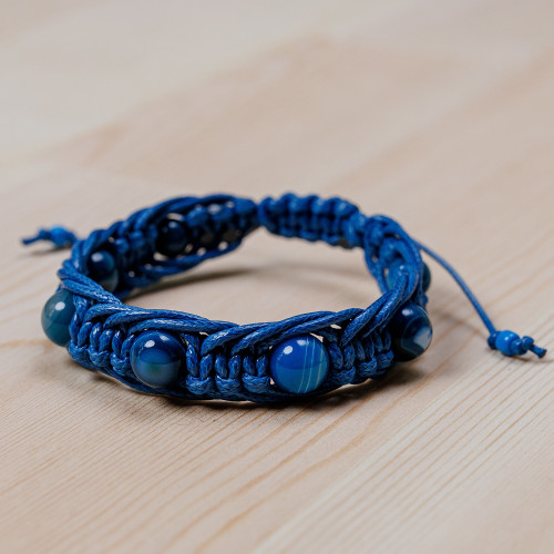 Handmade Blue Agate Beaded Macrame Shambhala Style Bracelet 'Shambhala Flair'