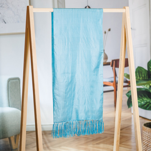 Handwoven Soft Blue 100 Silk Scarf with Fringes 'The Blue Dame'