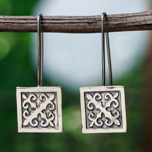 Polished Traditional Square Sterling Silver Drop Earrings 'Palatial Fragments'