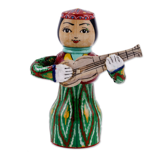 Painted Traditional Green Wood Figurine of Girl and Tanbur 'Tanbur Green Rhythms'