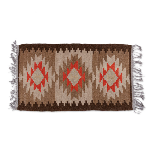 Geometric Brown and Red Fringed Wool Area Rug 2x4 'Oasis Energy'