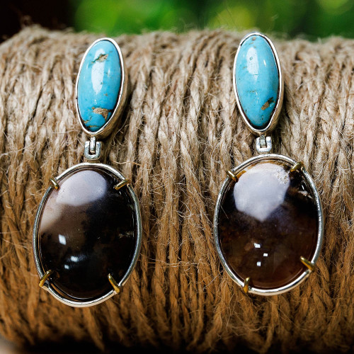 High Polished Agate and Natural Turquoise Dangle Earrings 'Courage for Peace'