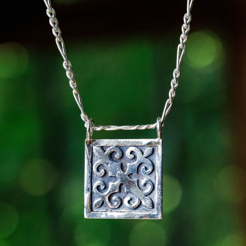 Polished Traditional Square Sterling Silver Pendant Necklace 'Palatial Fragments'