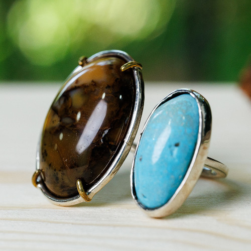 High Polished Agate and Natural Turquoise Wrap Ring 'Courage for Peace'