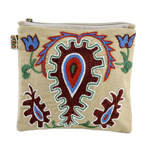 Uzbek Cotton Cosmetic Bag with Hand Embroidered Motifs 'Precious Beauty'