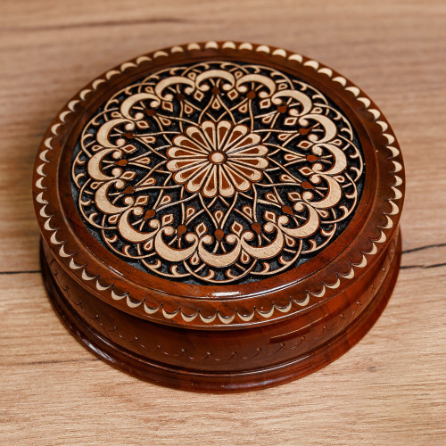 Hand-Carved Floral Walnut Wood Jewelry Box from Uzbekistan 'Palace's Dream'