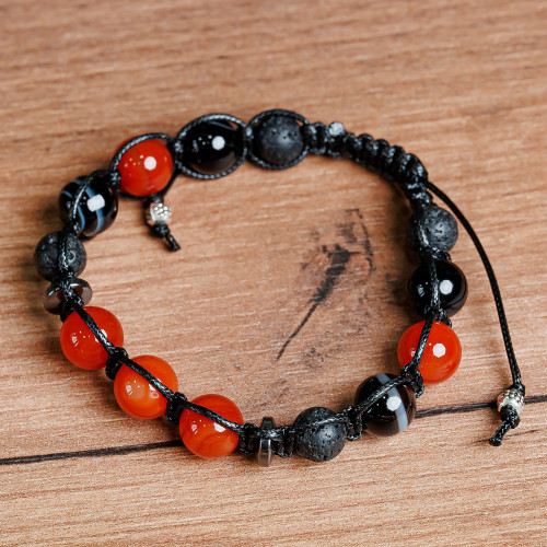 Adjustable Orange and Black Multi-Gemstone Beaded Bracelet 'Orange Realms'