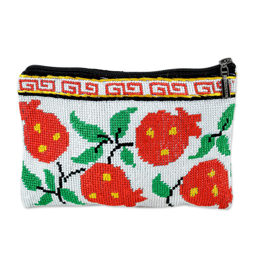 Iroki Embroidered Cotton Pomegranate Cosmetic Bag 'Cool Red Pomegranate'