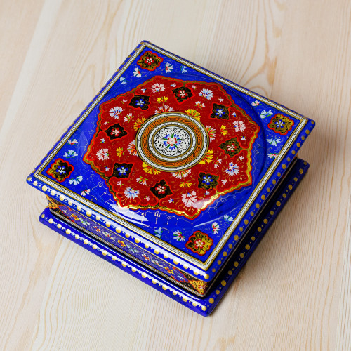 Floral Blue Walnut Wood and Papier Mache Jewelry Box 'Floral Eden in Blue'