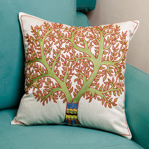 Tree-Themed Embroidered Silk Cushion Cover in Green and Red 'Arcadia's Tree'