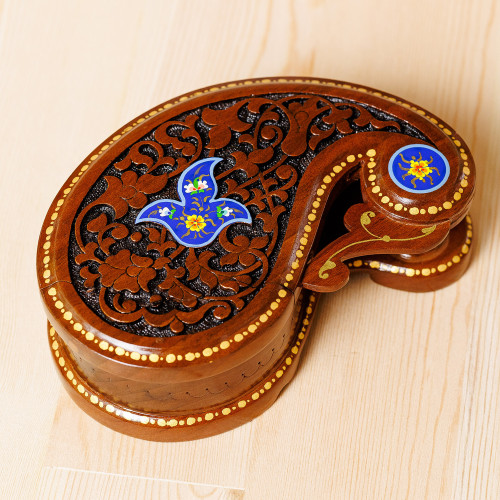 Paisley-Shaped Walnut Wood Puzzle Box in Blue and Brown 'Paisley  Magic'