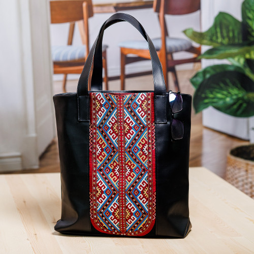 Faux Leather Shoulder Bag with Turkmen Embroidered Pattern 'Dame of Bukhara'