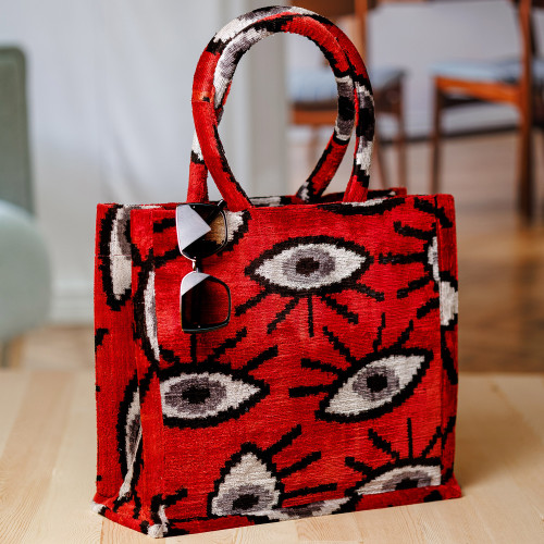 Eye-Patterned Red Silk Velvet Handle Bag from Uzbekistan 'Sophisticated Glances'