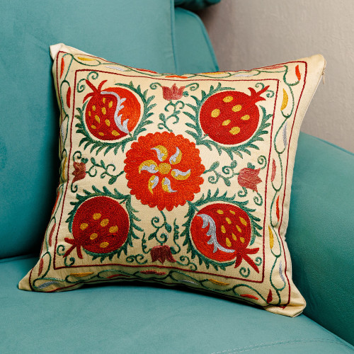 Classic Embroidered Red and Green Silk Cushion Cover 'Fruitful Passion'