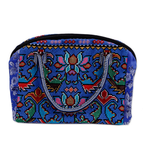Traditional Floral Iroki Embroidered Blue Cotton Handbag 'Blue Gardens of Shahrisabz'