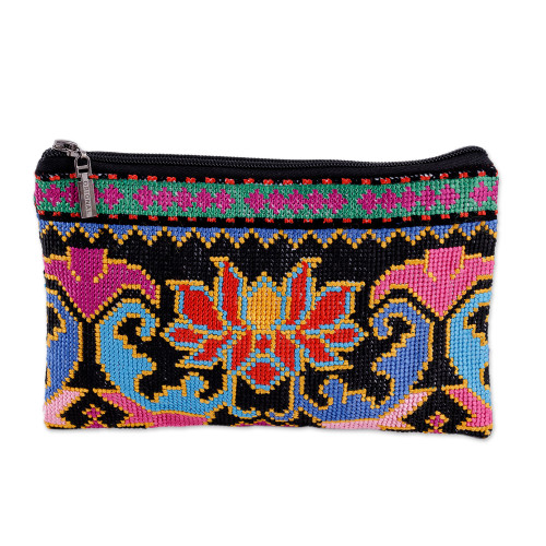 Floral Iroki Embroidered Silk Cosmetic Bag in Black Base Hue 'Nocturnal Oasis'