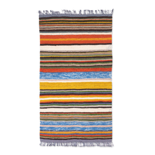 Handwoven Wool Area Rug in Orange and Blue 2.5x4.5 'Sunset Roads'