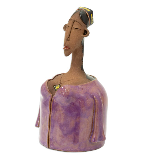 Woman-Shaped Decorative Ceramic Bell Made  Painted by Hand 'Lady in Purple'