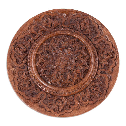 Hand-Carved Floral Round Brown Elm Tree Wood Relief Panel 'Spring on the Silk Road'