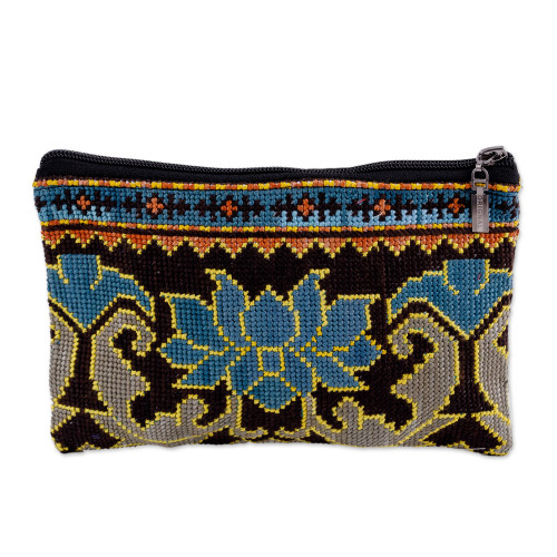 Floral Iroki Embroidered Silk Cosmetic Bag in Blue and Brown 'Serene Oasis'