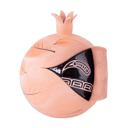 Handcrafted Brown and Black Pomegranate Ceramic Figurine 'Sweet Core'