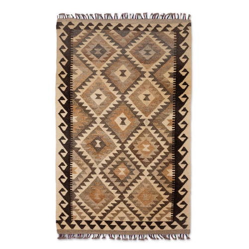 Handwoven Geometric Wool Area Rug in Brown and Black 3x5 'Sepia Elegance'