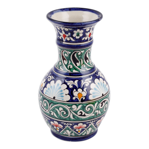 Floral Blue and Green Glazed Ceramic Center-Choke Vase 'Blue Empyrean'