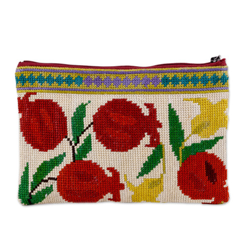 Pomegranate-Themed Iroki Embroidered Silk Cosmetic Bag 'Pomegranate Memories'