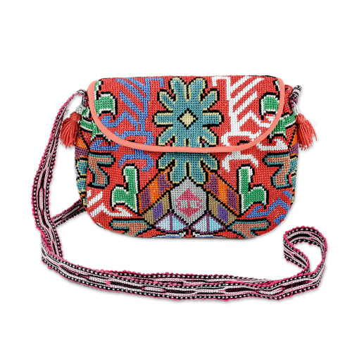 Floral  Leaf Suzani Hand-Embroidered Cotton Blend Sling Bag 'Trendy Allure'