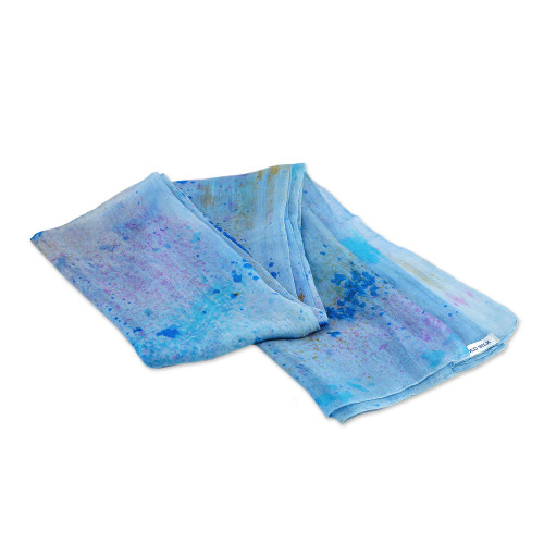 Tie-Dye Soft Blue and Purple Silk Scarf from Uzbekistan 'Sea Manifestation'