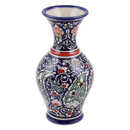 Paisley and Floral Royal Blue and Red Glazed Ceramic Vase 'Red Desires'