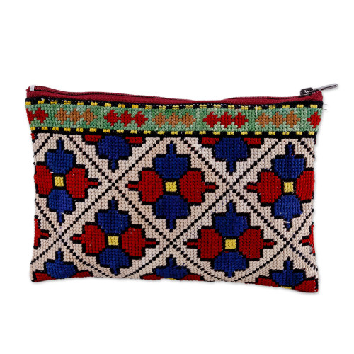 Floral Iroki Embroidered Silk Cosmetic Bag in Red and Blue 'Palace Glory'