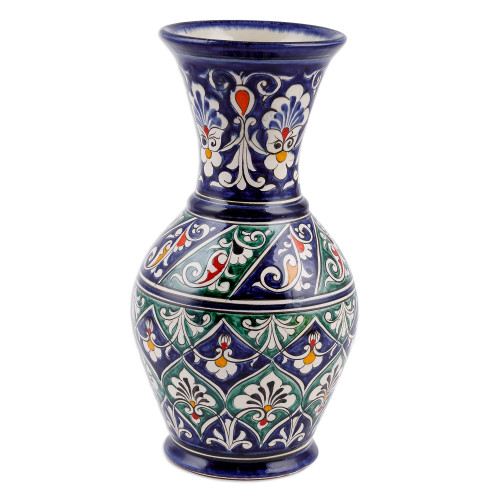 Floral Painted Blue and Green Glazed Ceramic Bud Vase 'Blue Manor'