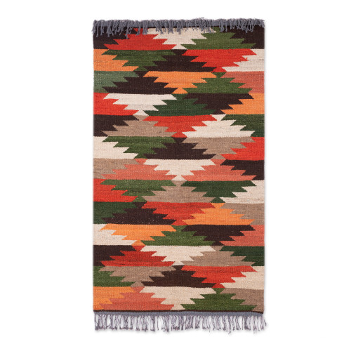 Handwoven Wool Area Rug with Geometric Leafy Details 2.5x5 'Geometric Foliage'