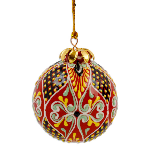 Classic Painted Round Crimson and Jonquil Ceramic Ornament 'Silk Road's Passion'