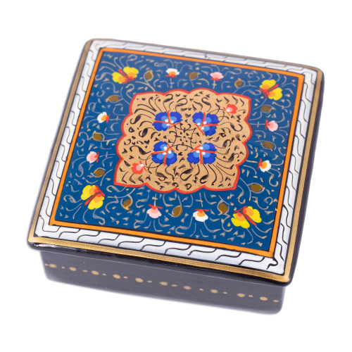 Handcrafted Lacquered Floral Blue Walnut Wood Jewelry Box 'The Winter Aral Flowers'