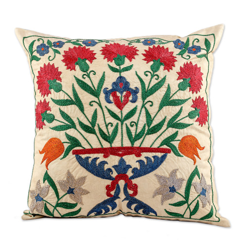 Classic Floral Embroidered Silk Blend Cushion Cover 'Suzani Eden'