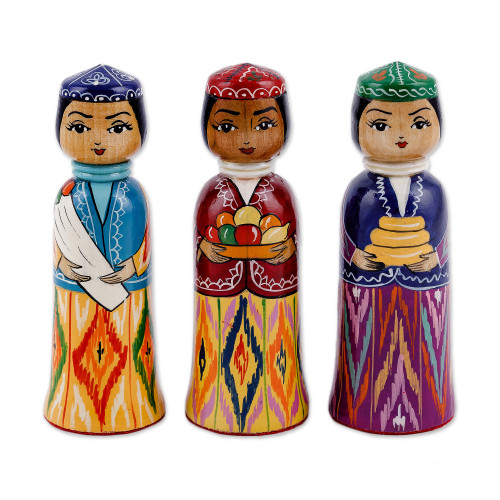 Set of 3 Handcrafted Traditional Multicolor Wood Figurines 'Tajikistan Dames'