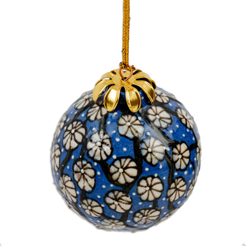 Floral Hand-Painted Round Azure Ceramic Ornament with Loop 'Azure Van Gogh'