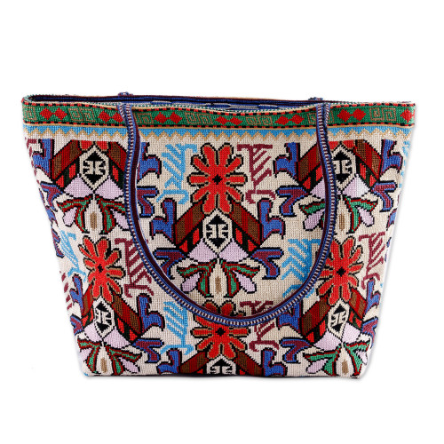 Floral Iroki Embroidered Blue and Red Shoulder Bag 'Uzbekistan's Red Dream'