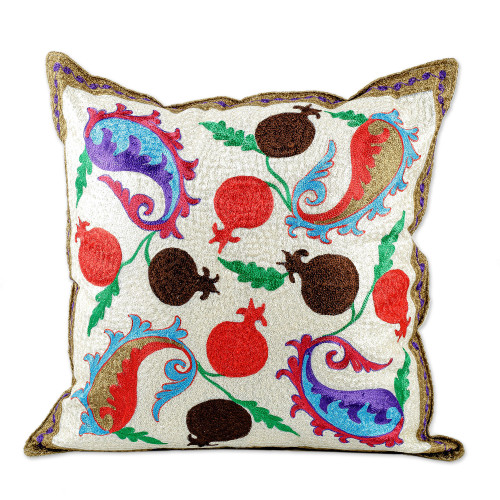 Paisley and Pomegranate-Themed Embroidered Cushion Cover 'Paisley Omens'