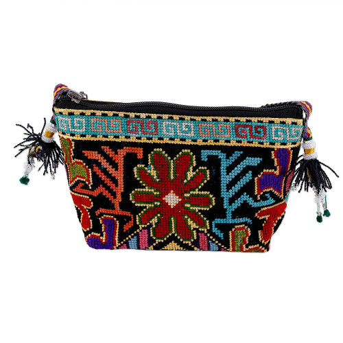 Iroki Embroidered Zippered Floral Silk Sling in Intense Hues 'Oasis Flower'