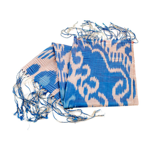 Hand-Woven Fringed Silk Ikat Scarf in Blue and White 'Uzbek Blue'