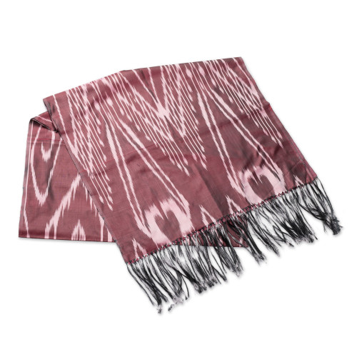 Burgundy Hand-Woven Fringed Silk Ikat Scarf from Uzbekistan 'Stylish Burgundy'