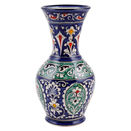 Classic Floral Painted Blue and Green Glazed Ceramic Vase 'Blue Suite'