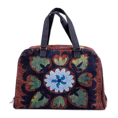 Cotton Blend Travel Bag with Suzani Floral Hand Embroidery 'Creating Memories'