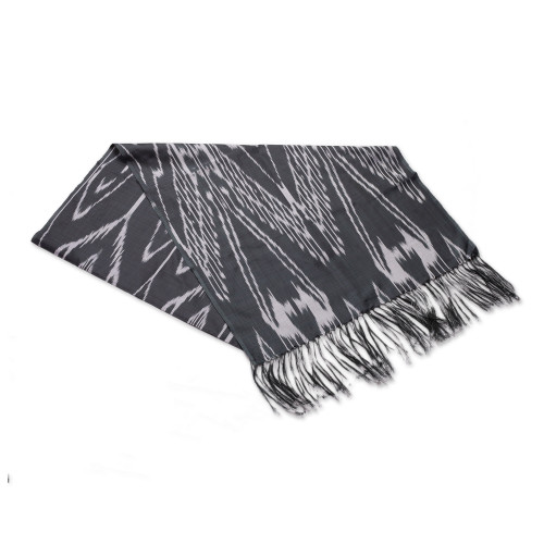 Hand-Woven Fringed Silk Ikat Scarf in Black from Uzbekistan 'Stylish Black'