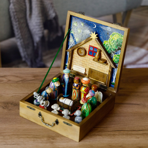 Classic Hand-Painted Nativity Scene in a Wooded Box 'Box of Miracles'