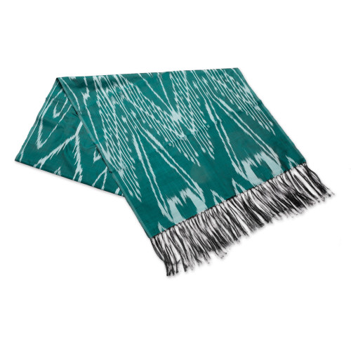 Hand-Woven Fringed Silk Ikat Scarf in Teal from Uzbekistan 'Stylish Teal'