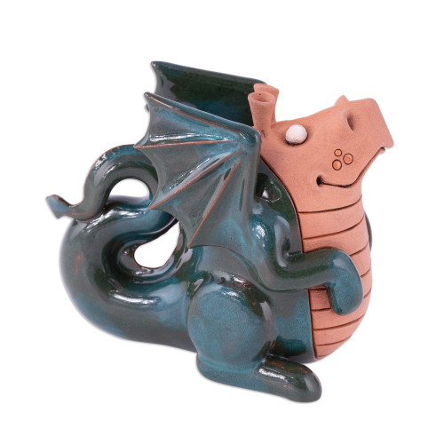 Handcrafted Green and Rosewood Ceramic Dragon Figurine 'Legendary Friend'